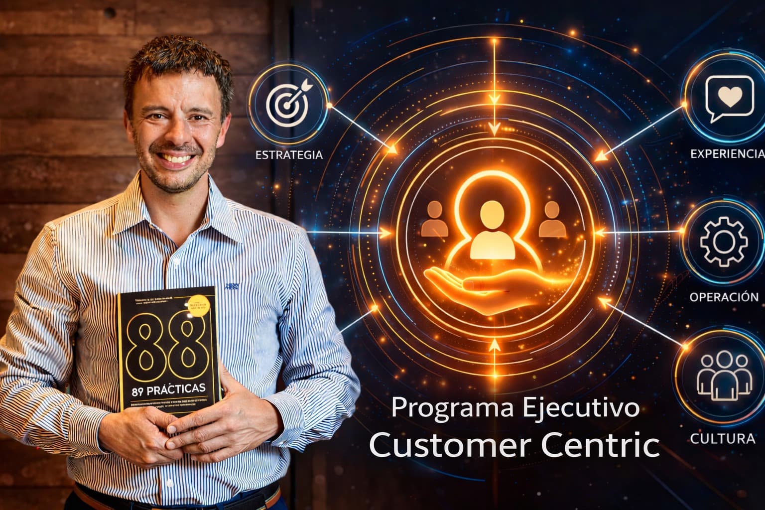 Matías Cristi con su libro junto al diagrama Customer Centric